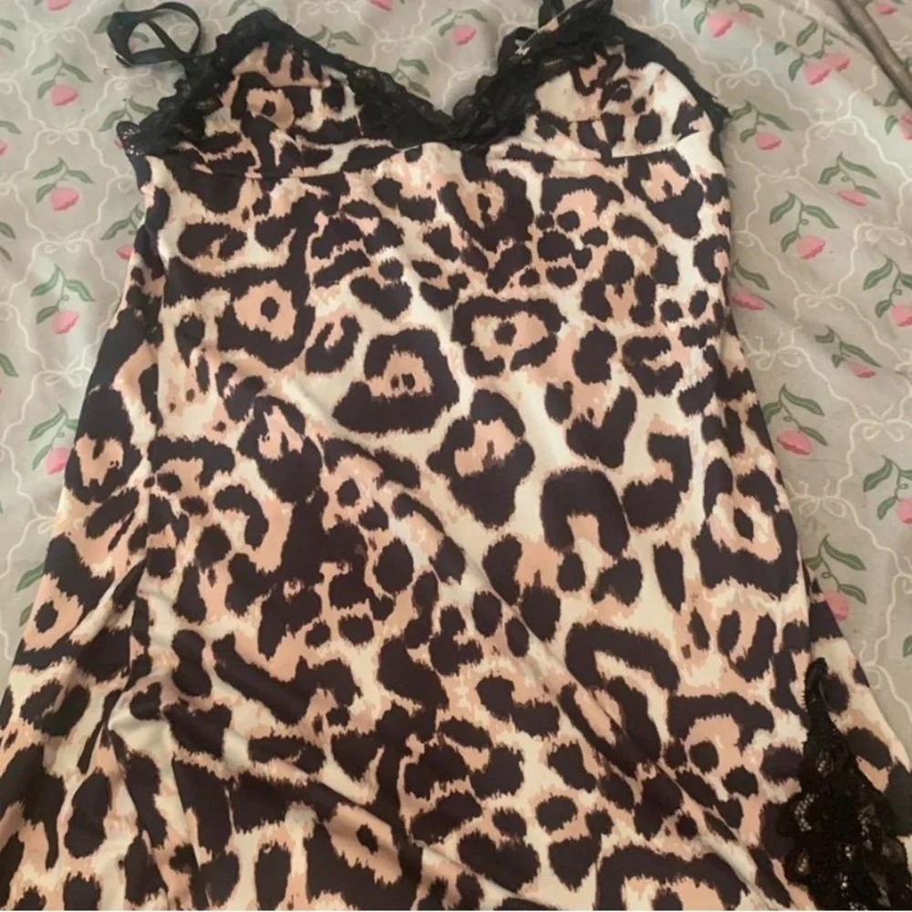 Leopard Print Satin Slip Dress with Lace Trim